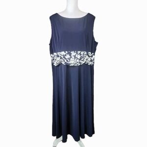 Jessica Howard Fit Flare Dress Women 24W Navy Floral Waist Ruching Casual Office